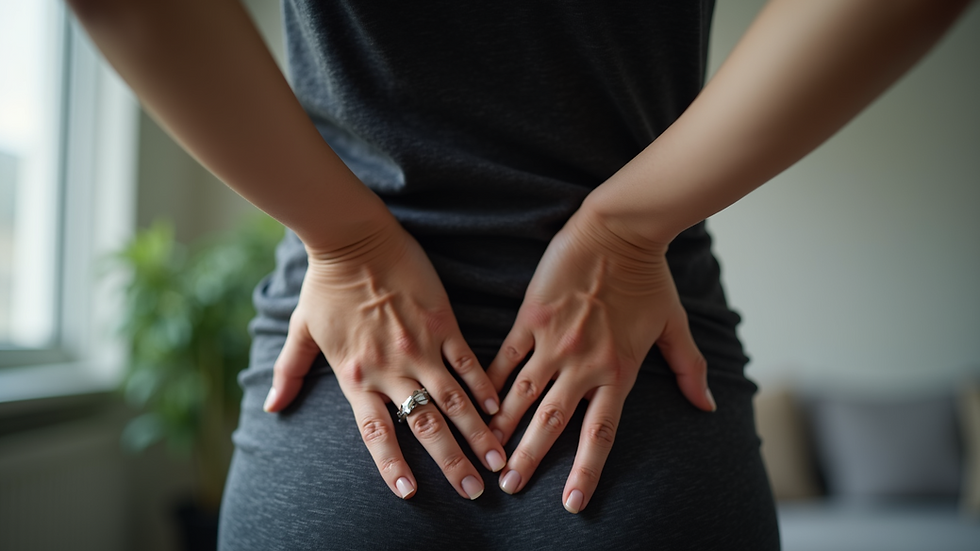 Close-up view of a person holding their lower back in discomfort