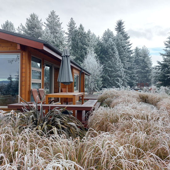 Cottage One on a foggy frosty day, covered in magical hoarfrost