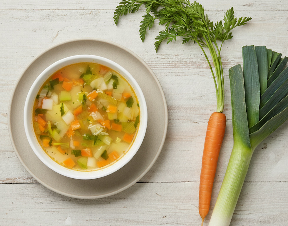 Sopa juliana en plato hondo blanco sobre bajoplato beige, vista cenital, con caldo abundante y verduras en tiras finas, acompañada de una zanahoria entera con hojas y un puerro entero sobre fondo de madera clara, composición horizontal para blog de cocina.