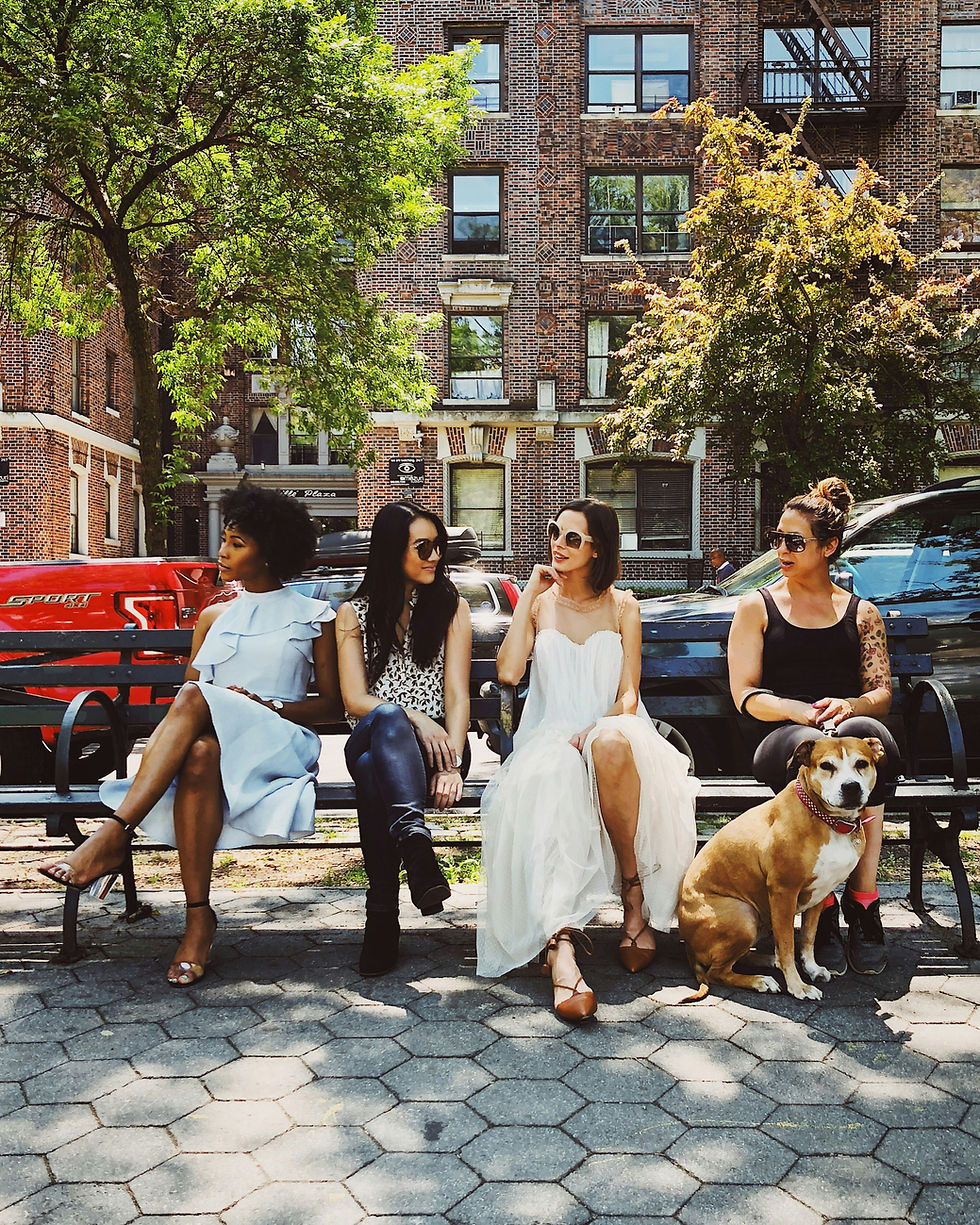 Women on a bench in the city with different personalities