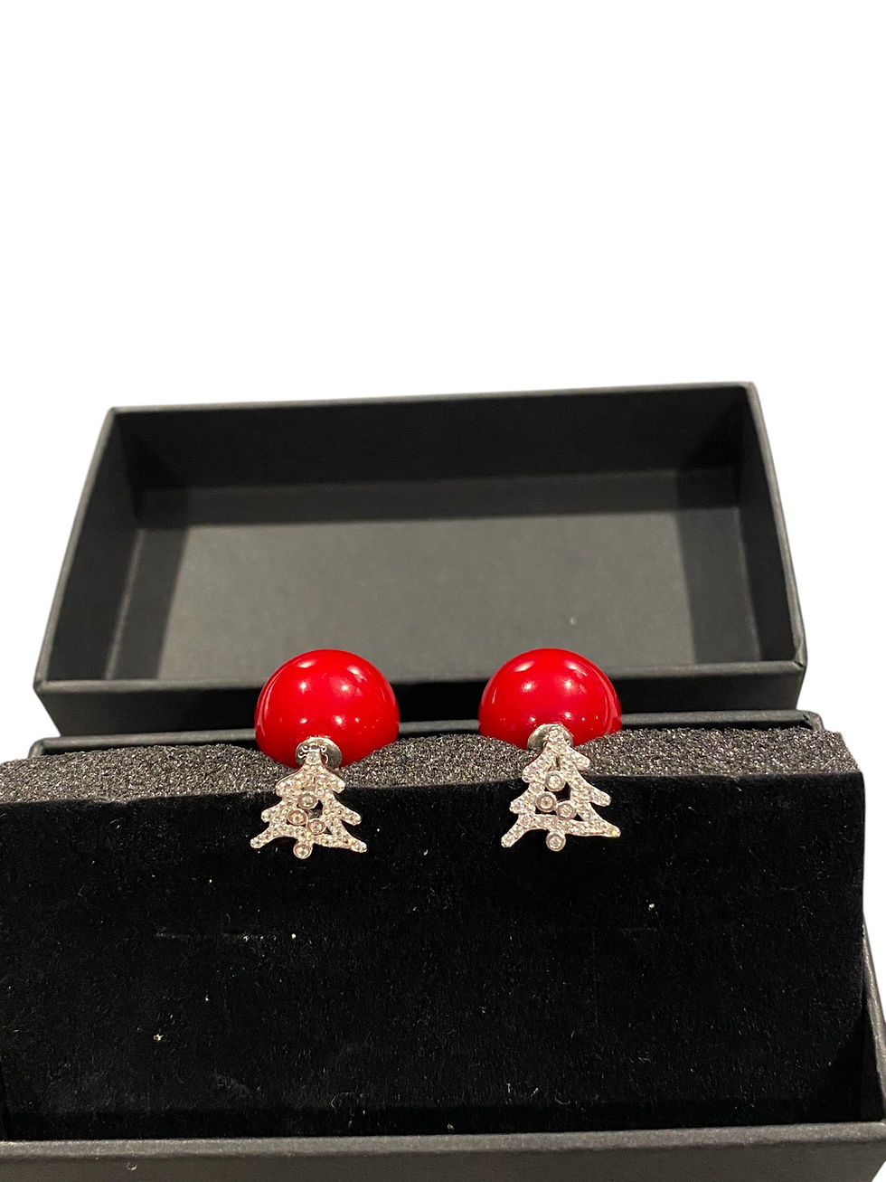 Thumbnail: Red pearl with cubic zirconia Christmas tree stud earrings