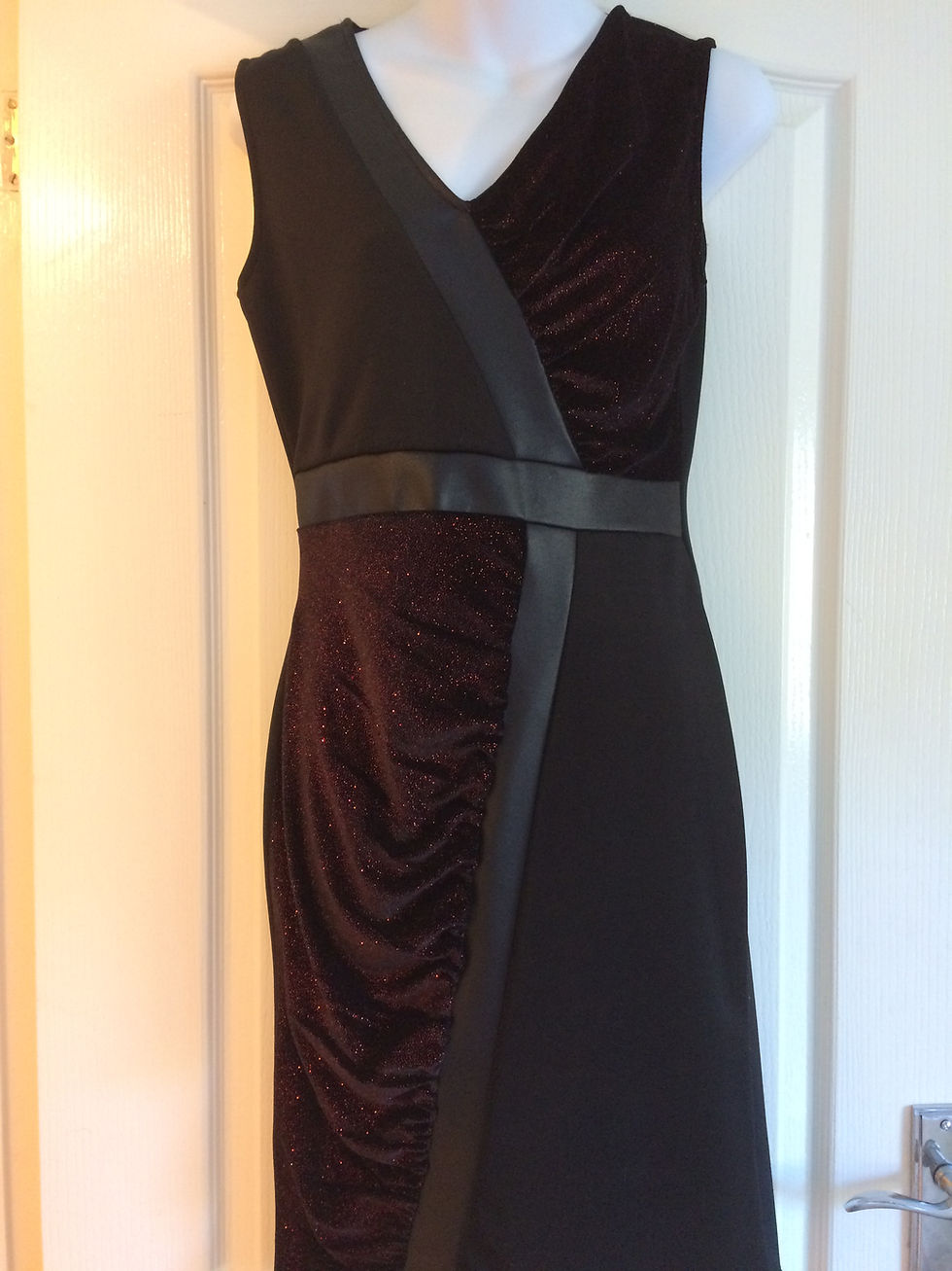 Thumbnail: Red and Black leatherette trim red lurex dress