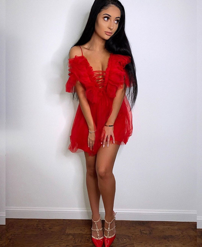 strapless open back dress Liv Red Floral Cascading Frill Mesh Mini Dress