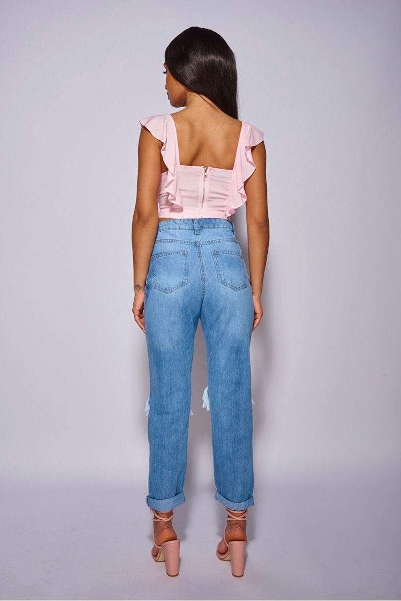 Thumbnail: Pink Crochet Trim Ruffle Sleeve Crop Top