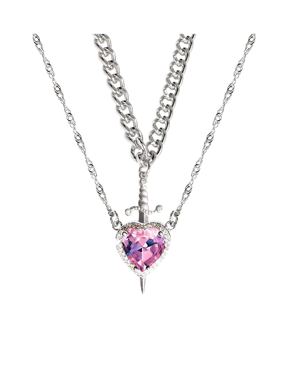 Thumbnail: Silver plated pink/white crystal pendant & chains