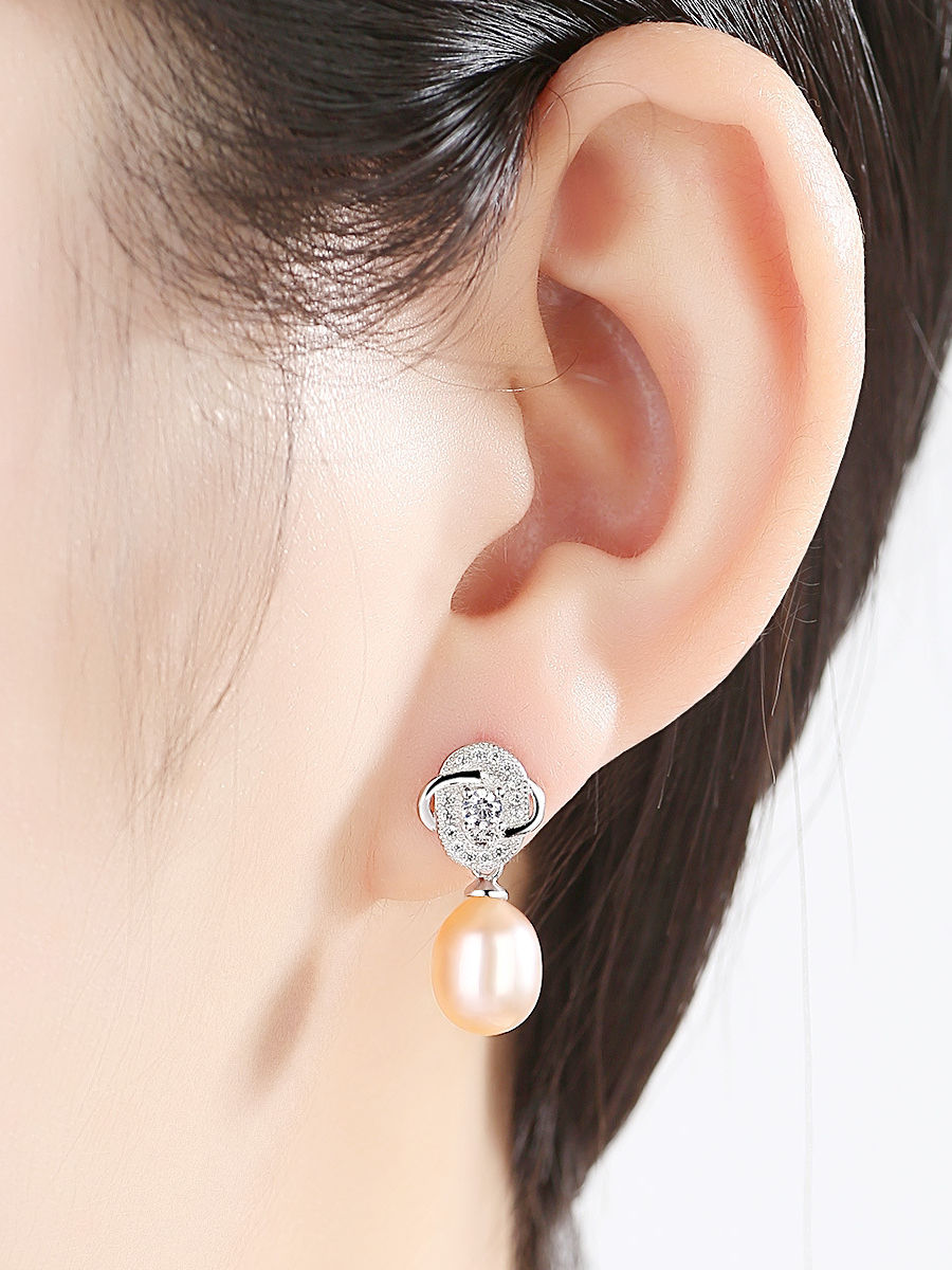 Thumbnail: Pale pink 925 sterling silver with platinum plated flower drop earrngs