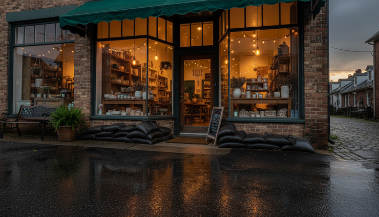 Wide-angle view of a small neighborhood storefront after heavy rain.