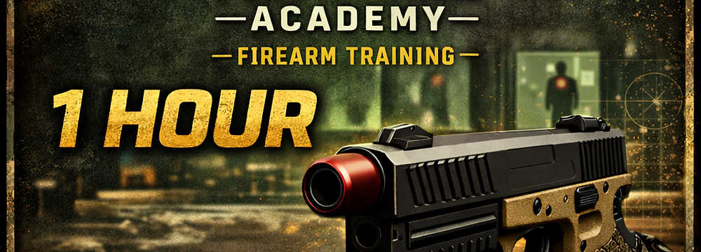 FrontLine Academy virtual simulator training flyer featuring standard simulator firearms and one-hour booking information
