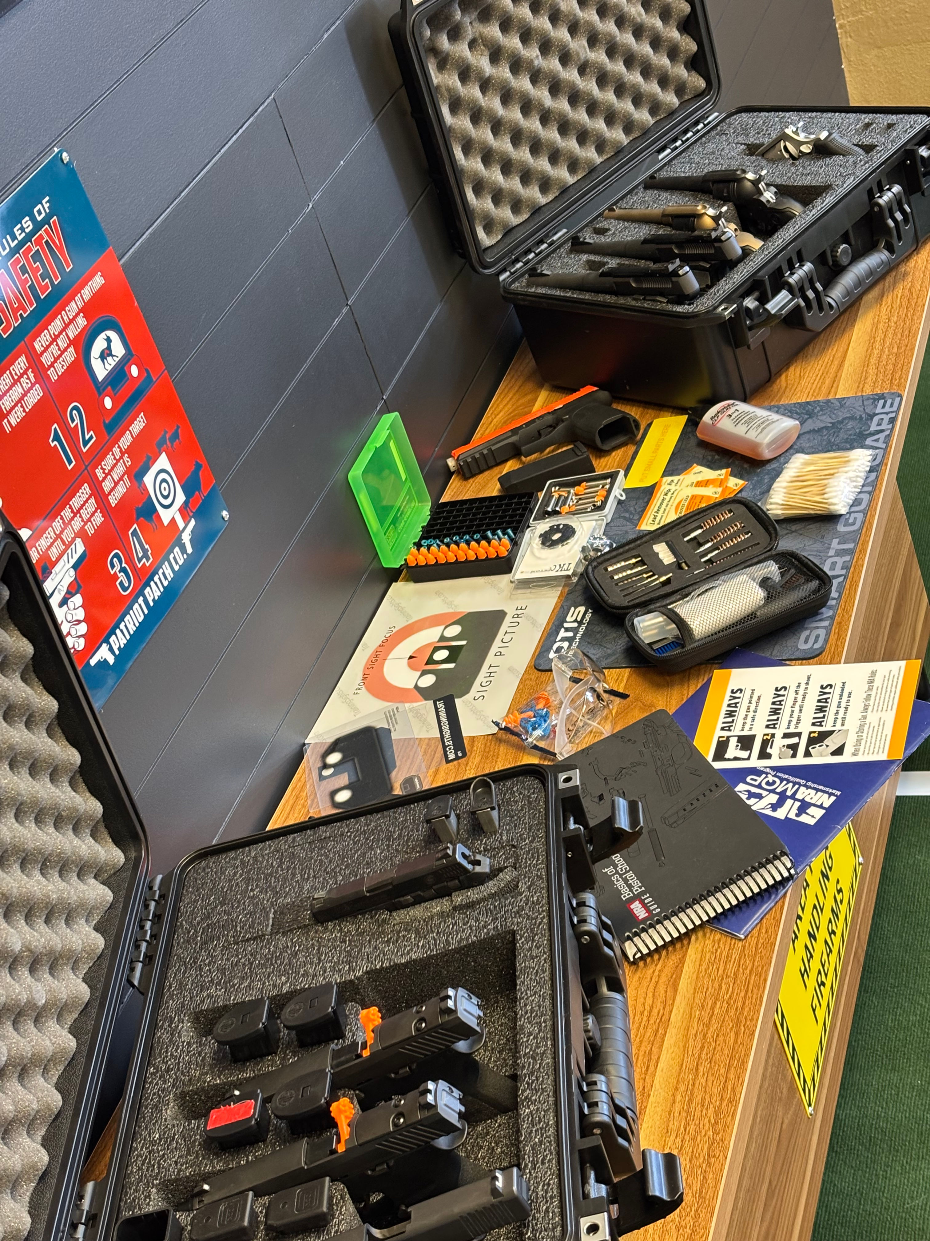 FrontLine Academy NRA Basic Pistol Certification flyer featuring handgun safety training, firearm instruction, and pistol fundamentals course information