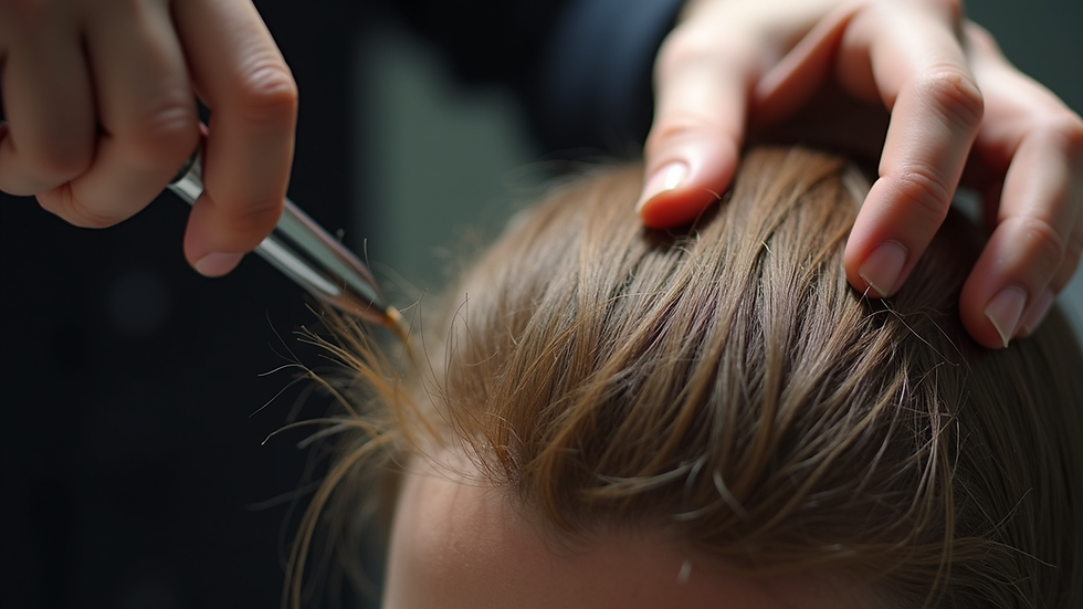 Close-up view of a hand applying hair fibers on scalp