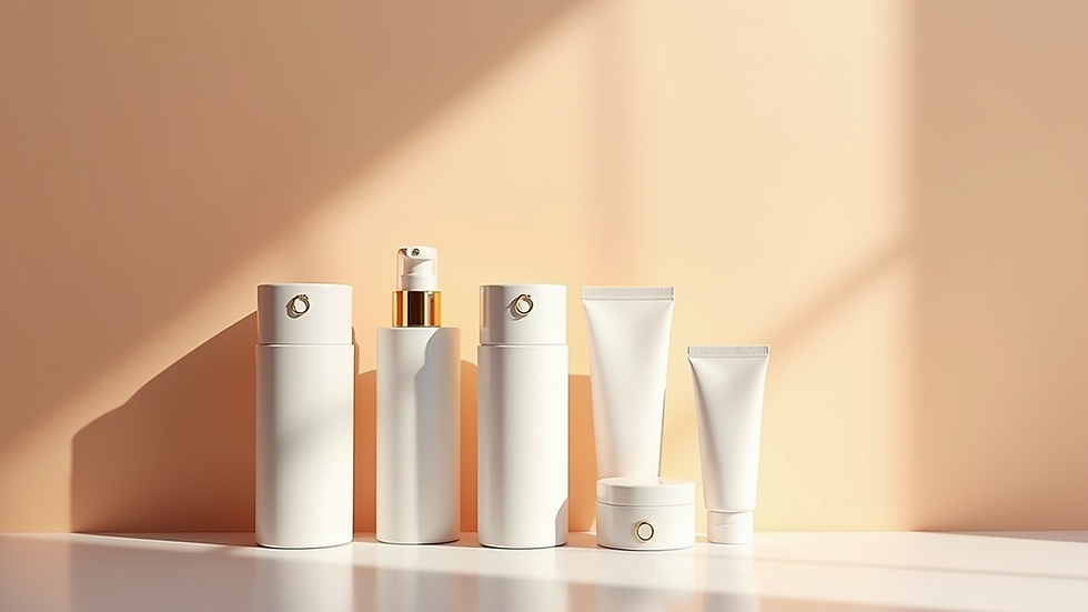 Eye-level view of a skincare kit with cleanser, toner, serum, moisturizer, and sunscreen