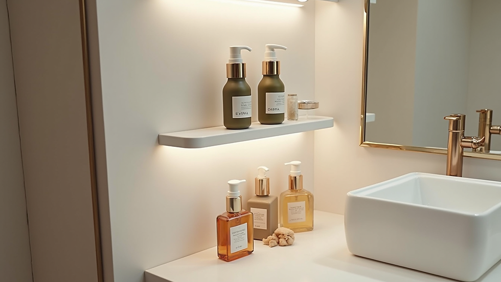 High angle view of a modern bathroom shelf with skincare products neatly arranged