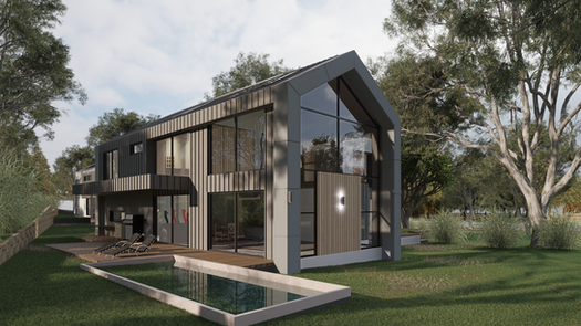 Scandinavian-style modern house in Canberra with gabled roof, vertical timber cladding, and large glass façade overlooking a deck and pool
