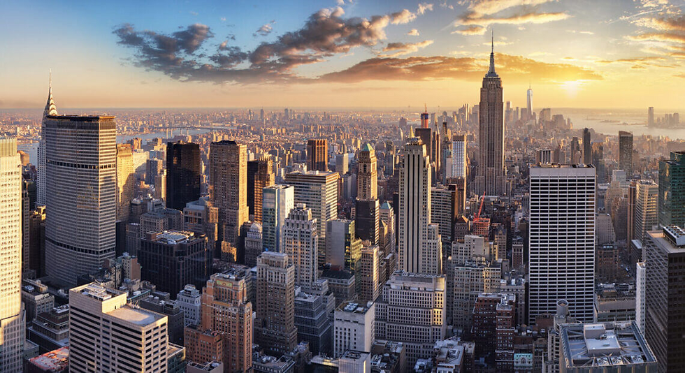 Sunset over New York City commercial buildings and skyline