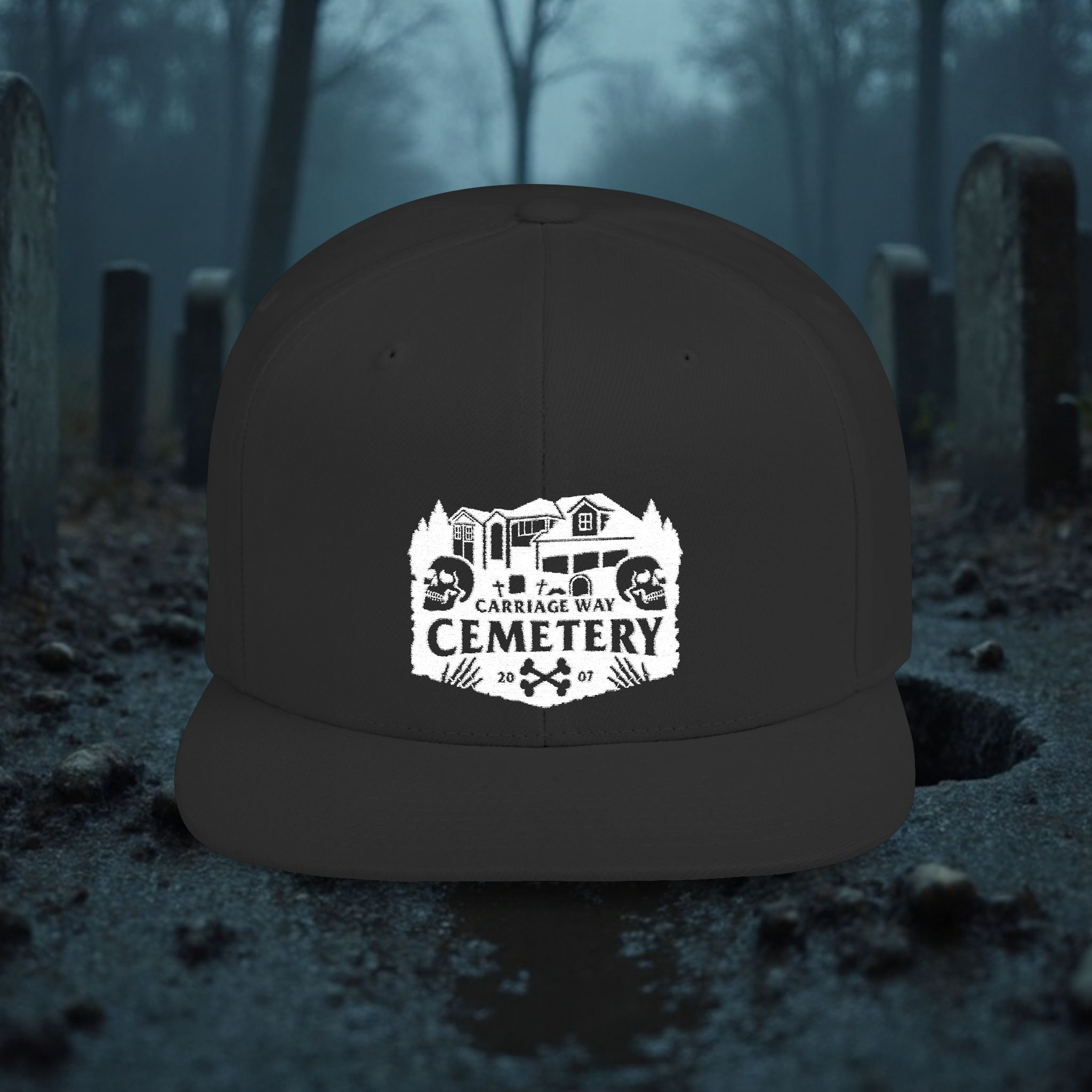 Cemetery Flat Bill Snapback Hat, Gothic Fashion, Halloween Streetwear, Spooky
