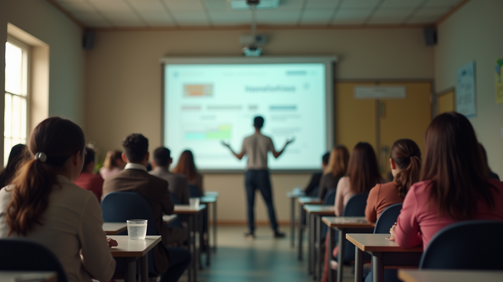 Vista a nivel de ojo de una proyección educativa en aula rural con estudiantes atentos