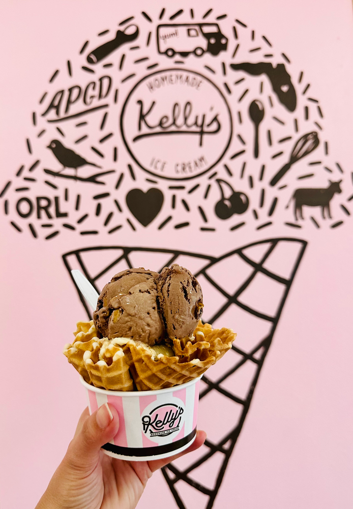 chocoate ice cream in a waffle bowl