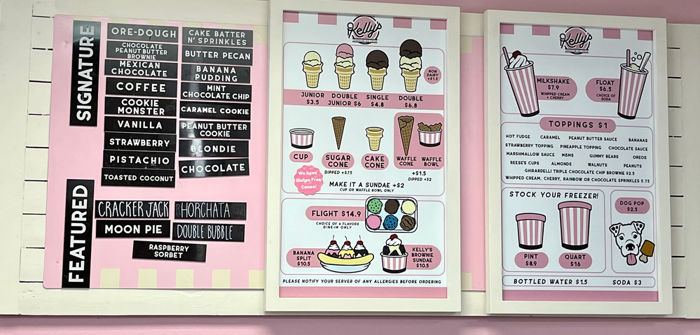a large pink and white ice cream menu