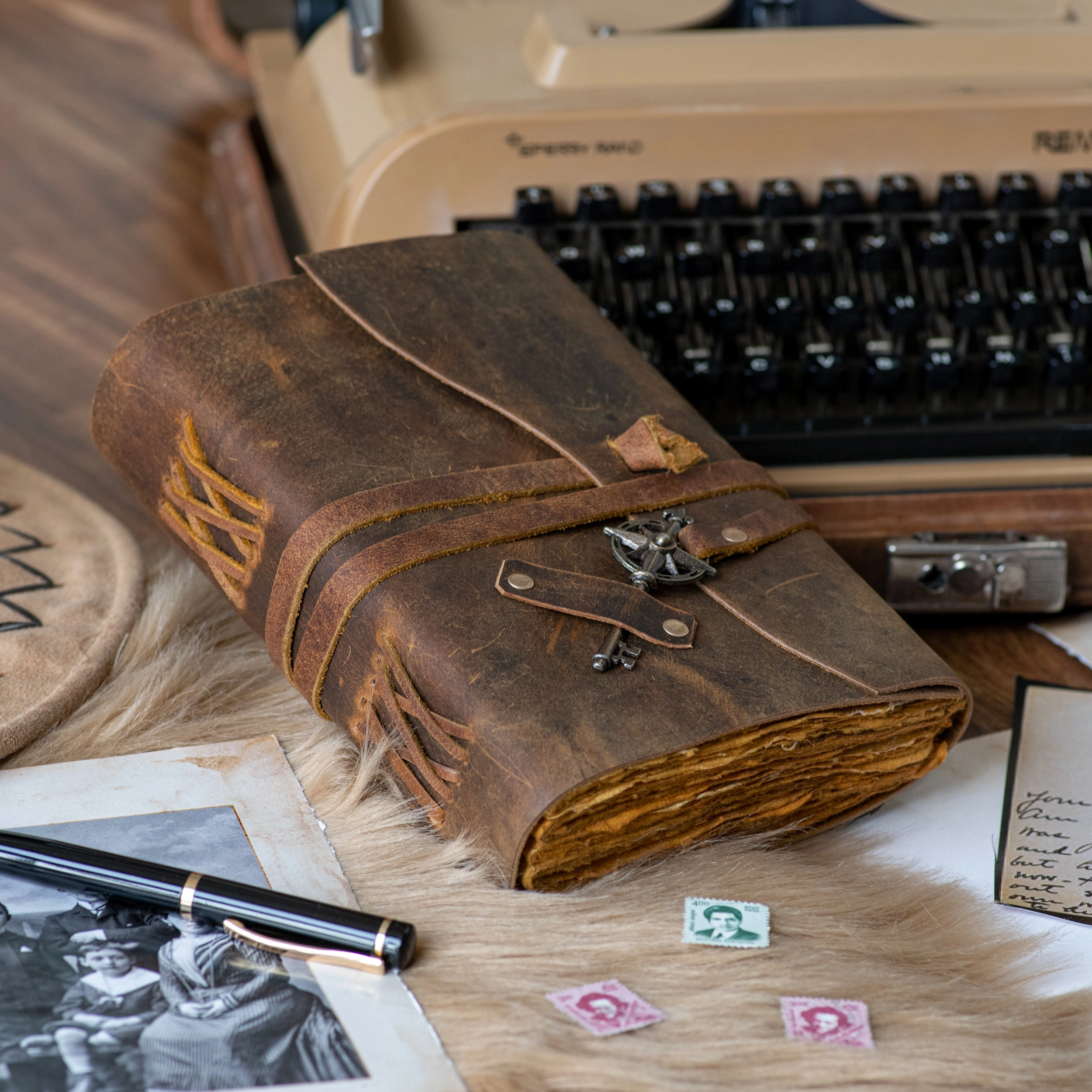 leather journal with a key