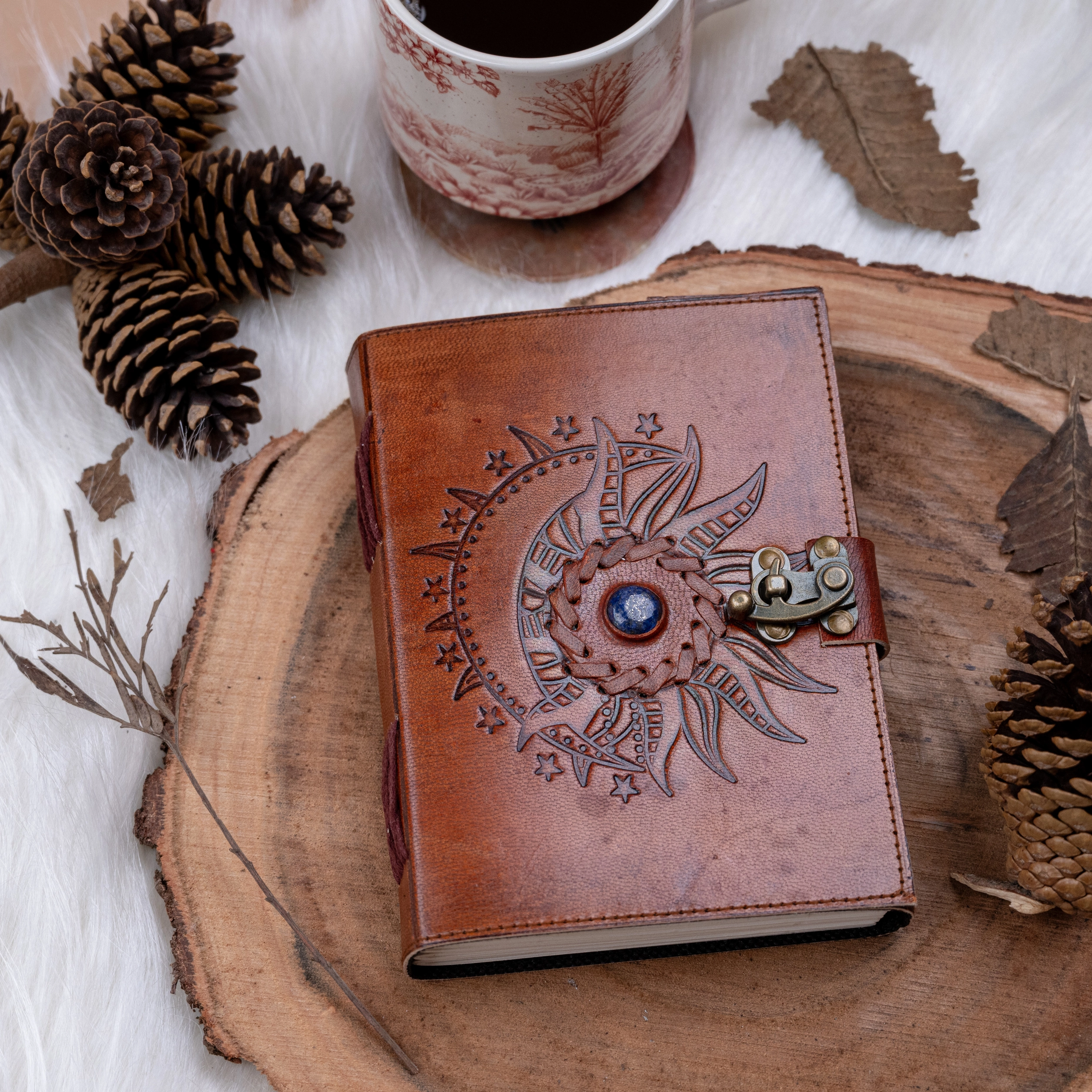 leather journal with a blue stone