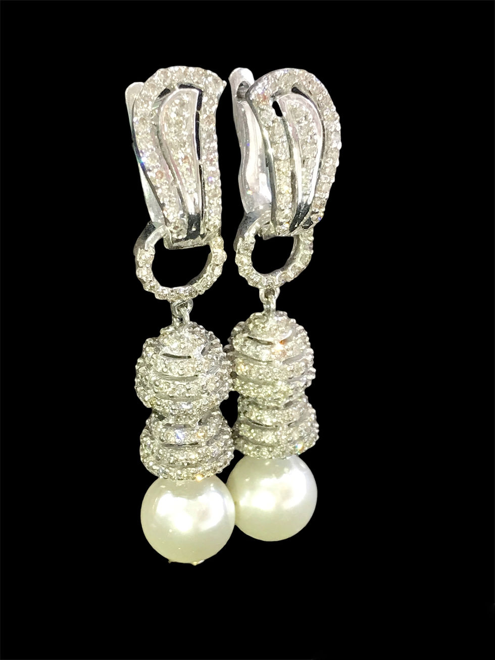 Thumbnail: Scintillating white gold with pearls natural diamonds dangler hoop earrings_3