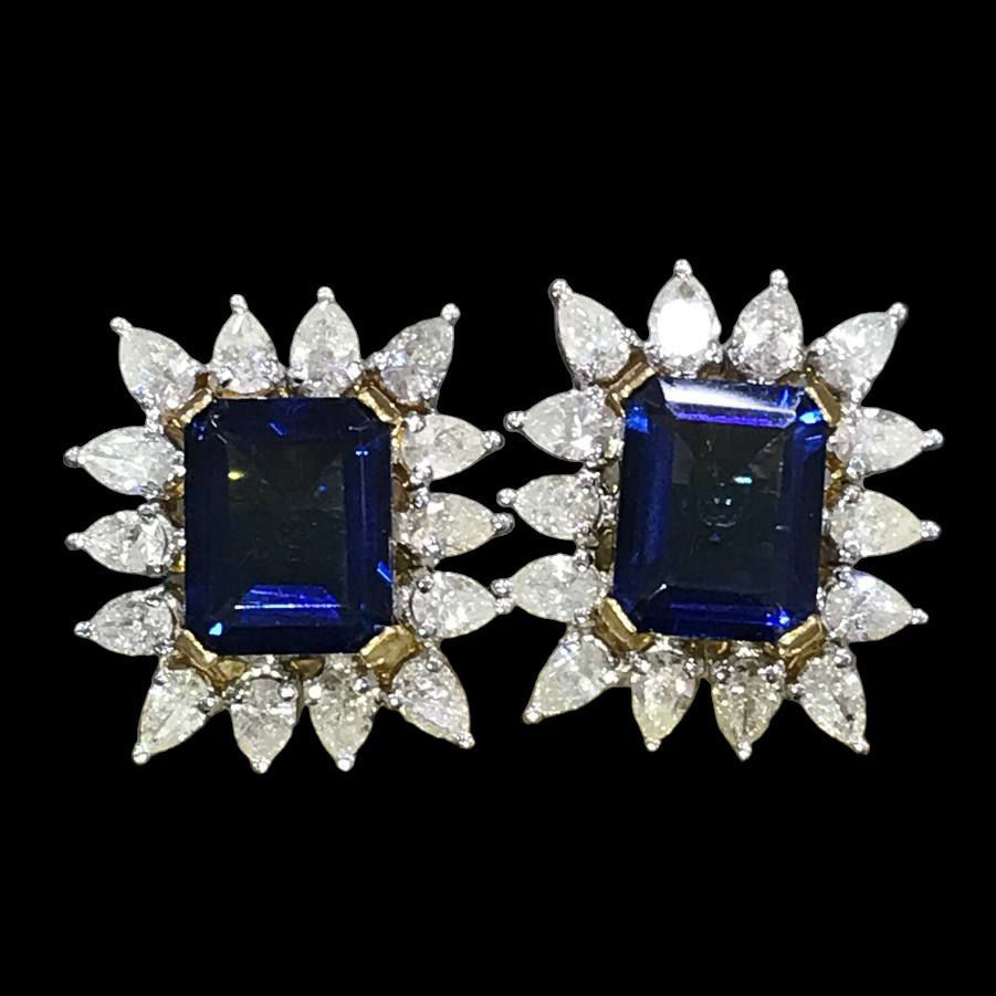 Royal square shaped big deep blue stone floral natural diamond stud earrings_1