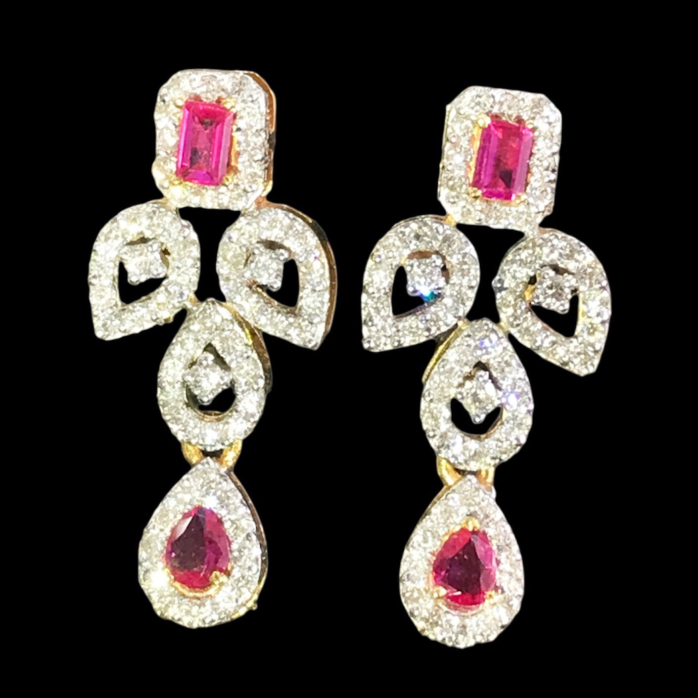 Scintillating bedazzling brilliant cut with pink stone diamond dangler earrings _1