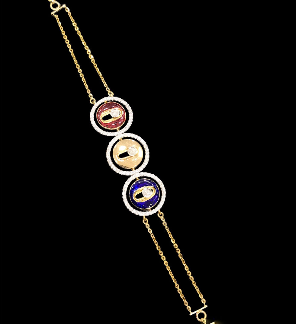 Thumbnail: Messika Round  red yellow blue halo white diamond gold bracelet_3