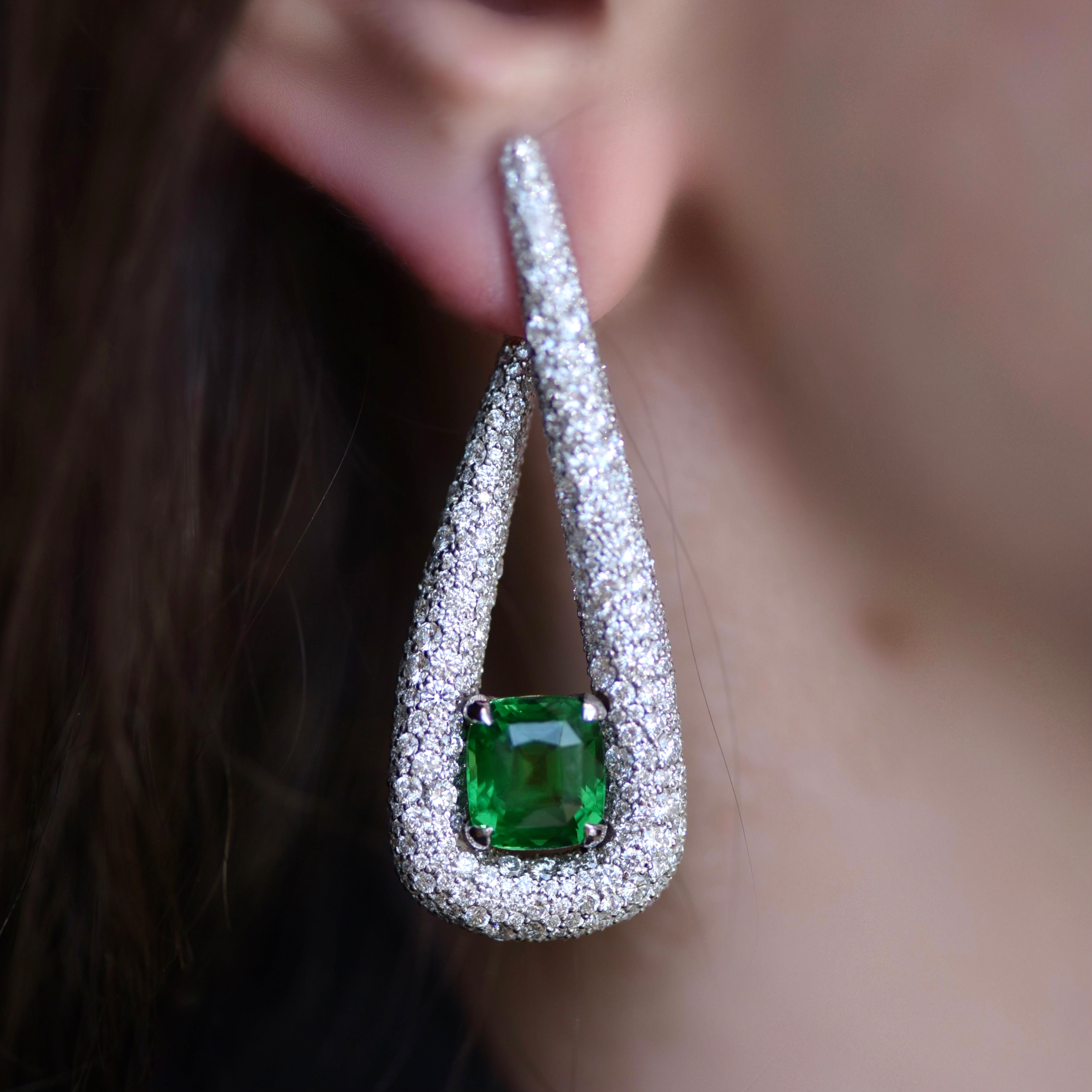 Natural Vivid Green Tsavorite and Daimond Earrings by D&A