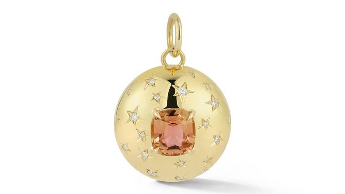 Jemma Wynne’s 18K yellow gold Anniversary copper tourmaline and diamond pendant.