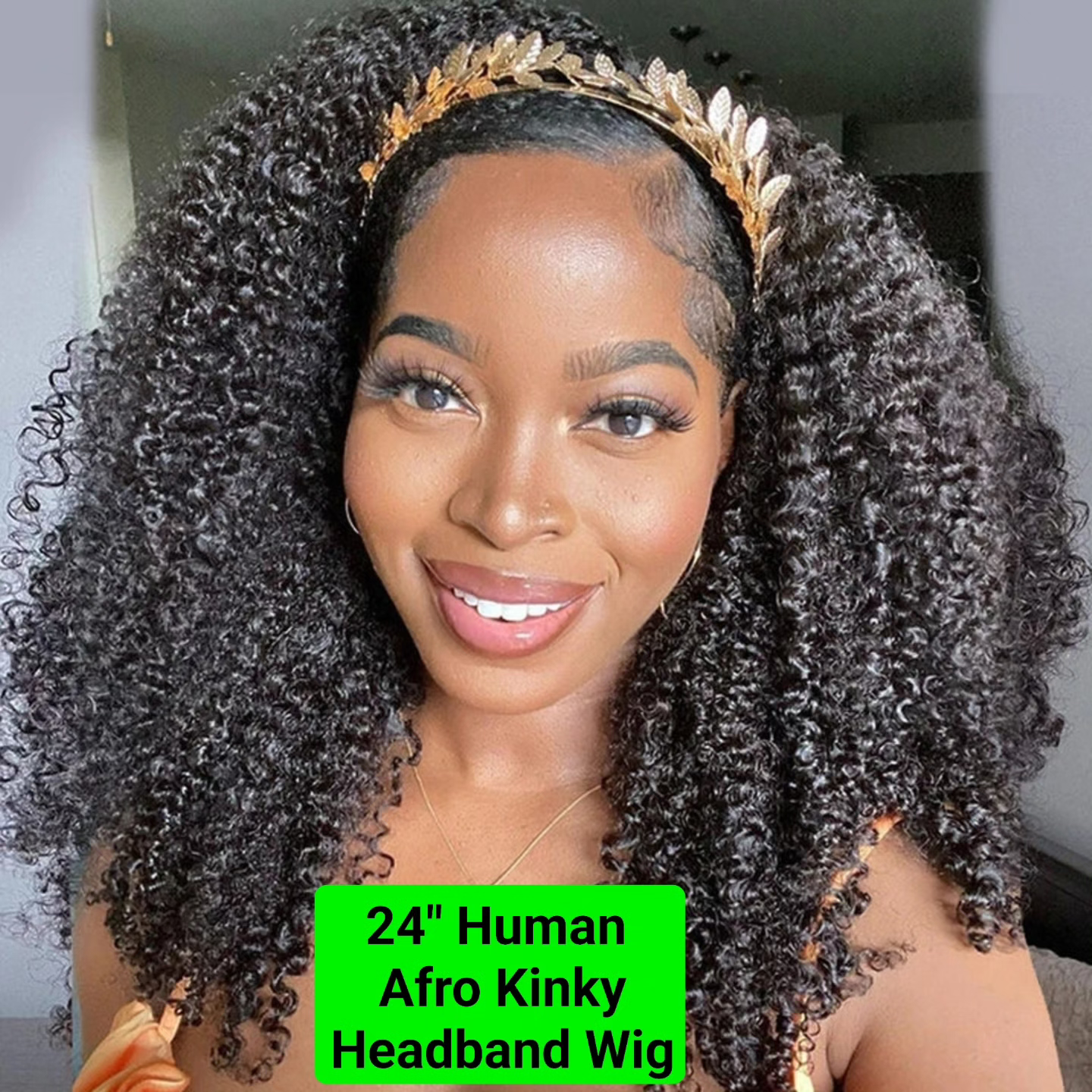 22" Black HUMAN Afro Kinky Curly Headband Wig