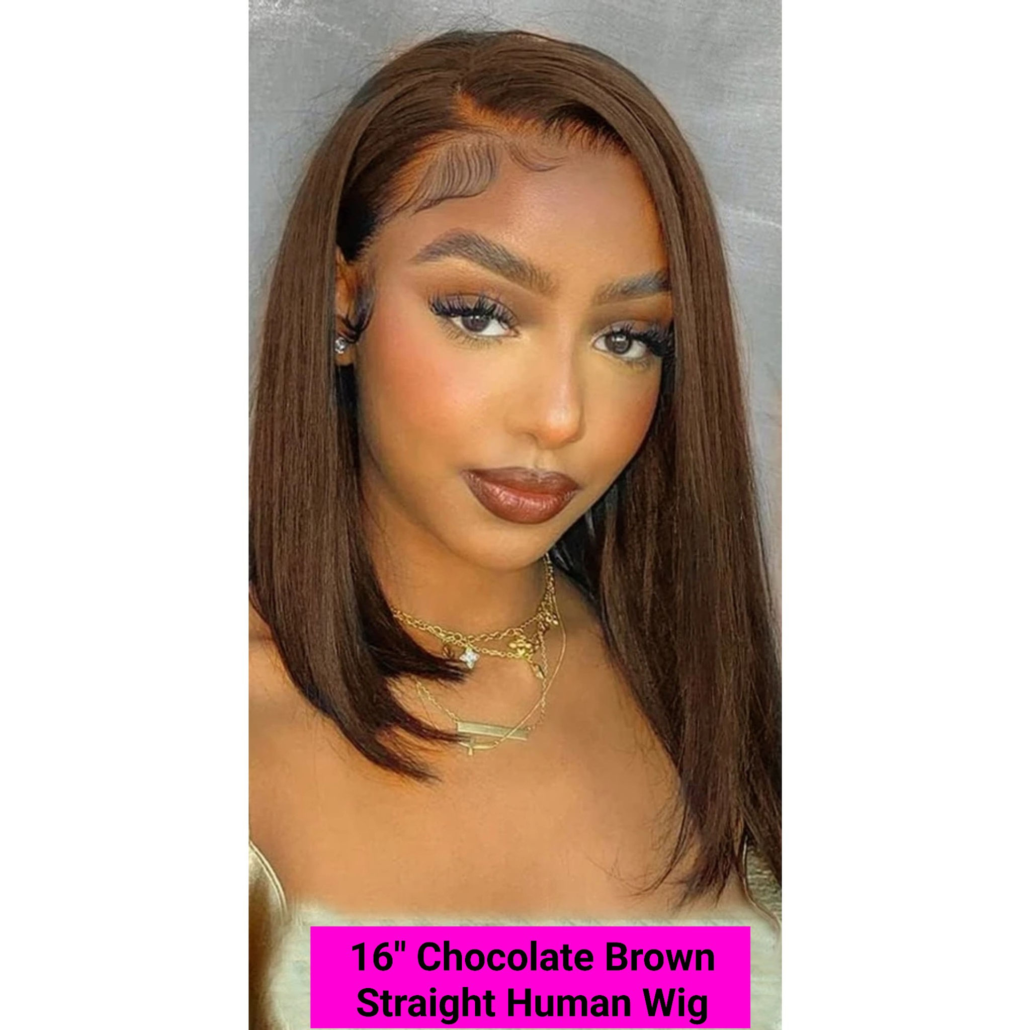 "Ready to Wear" 16" Chocolate Brown Straight HUMAN 13x4 Wig