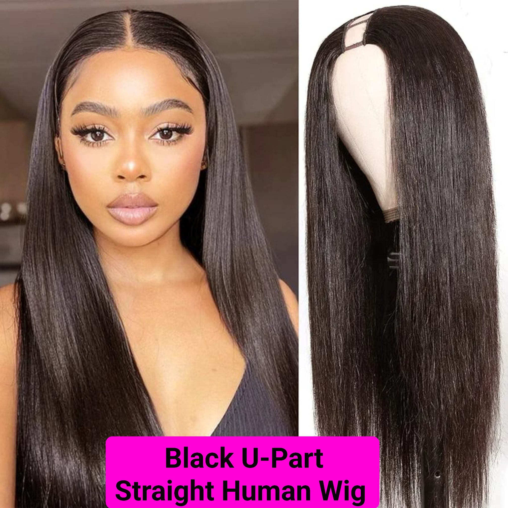 20" Straight Black U-Part HUMAN Wig