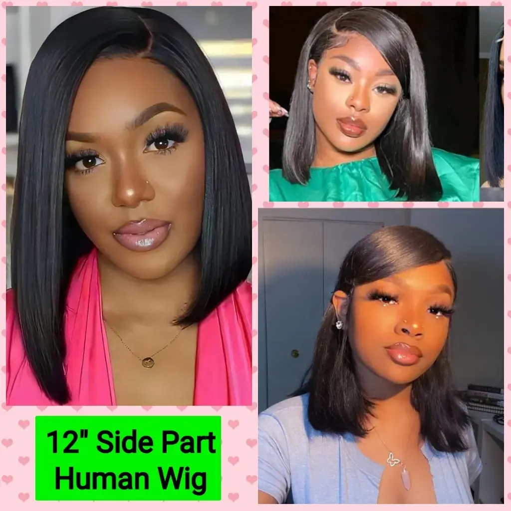 "Ready to Wear" 12" Black Side Part Straight HUMAN 4x4 Closure Wig