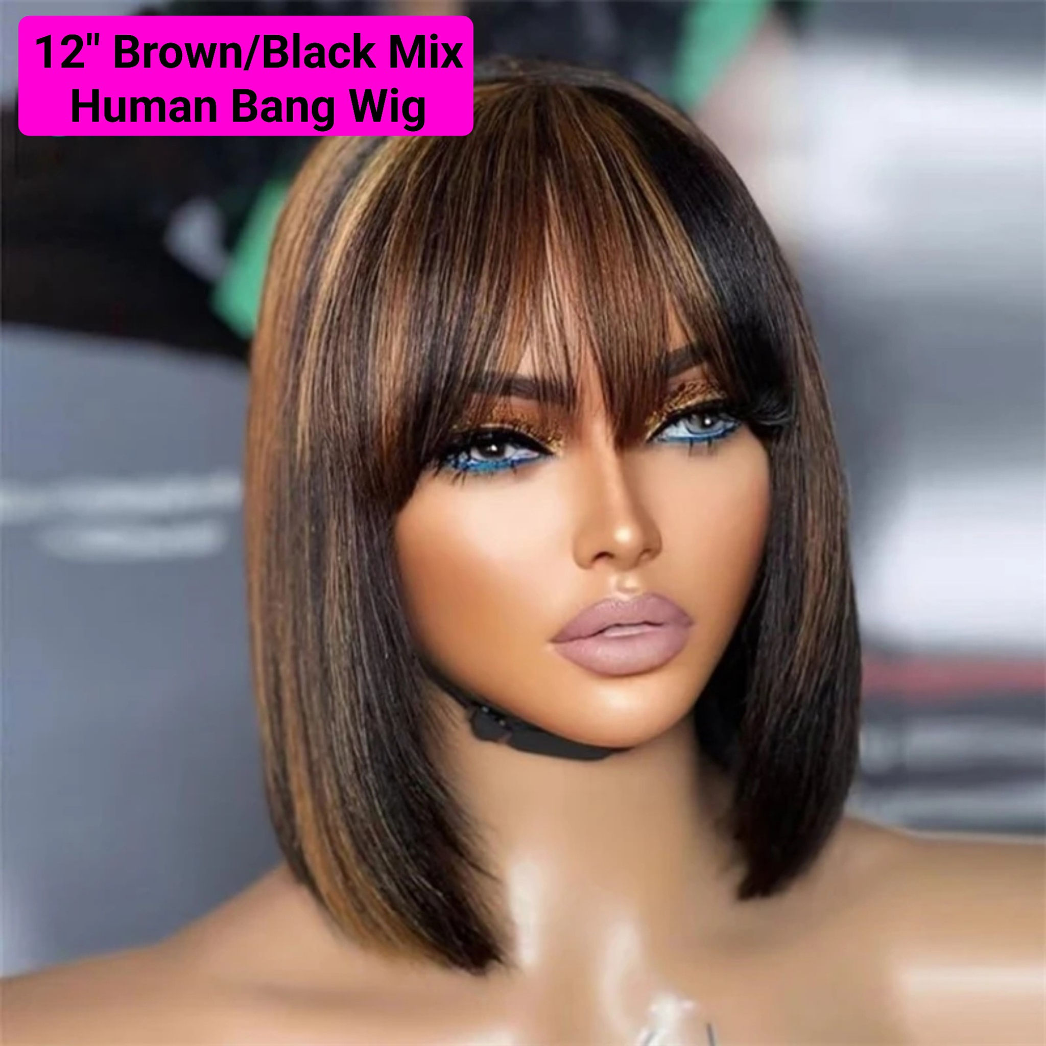 12" Straight Black/Brown Bang HUMAN Wig
