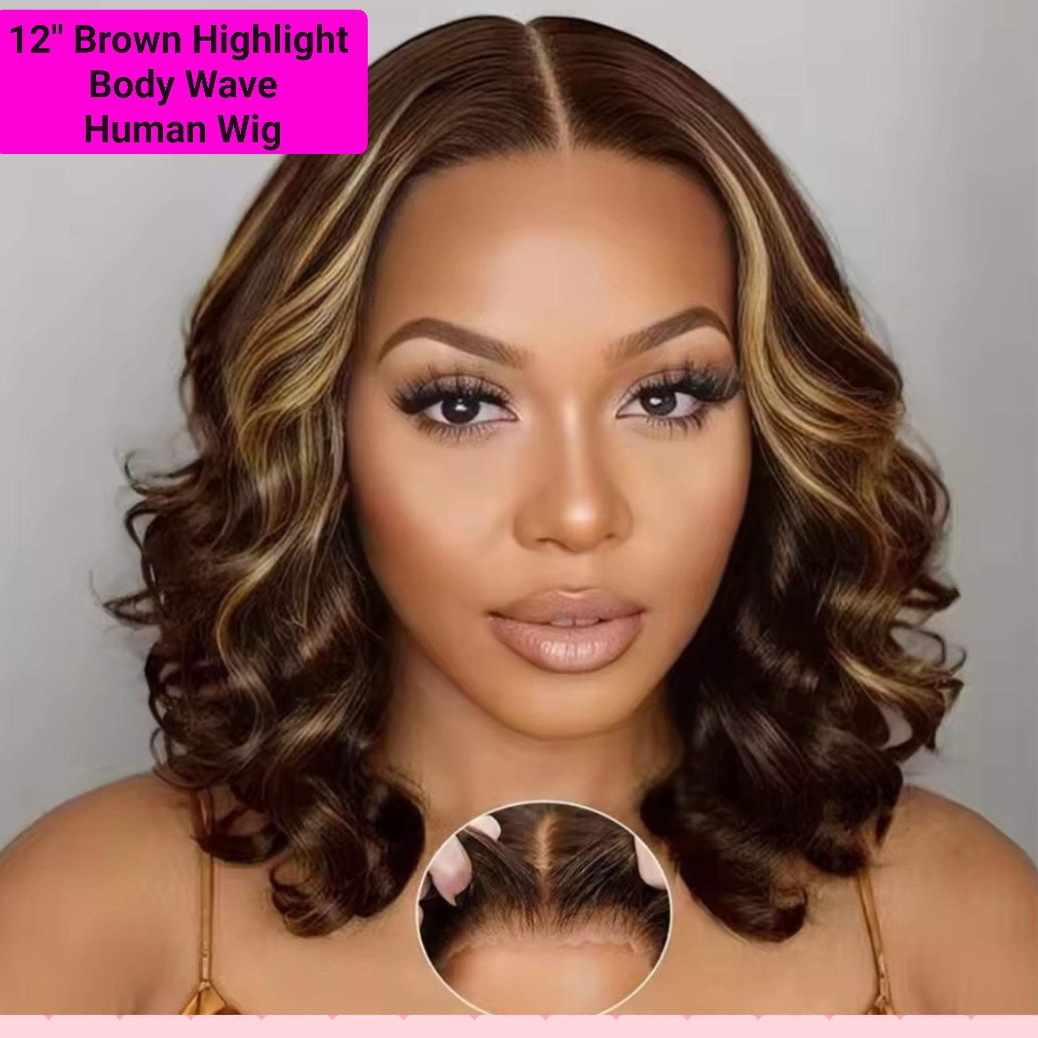 "Ready to Wear" 16" Brown Highlight Body Wave HUMAN 4x4 Wig