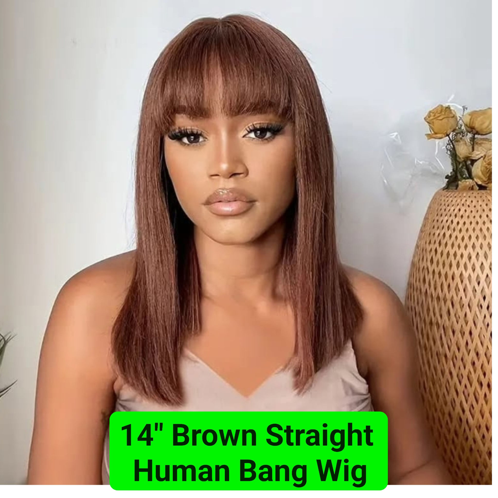 14" Brown Straight Bang HUMAN Wig