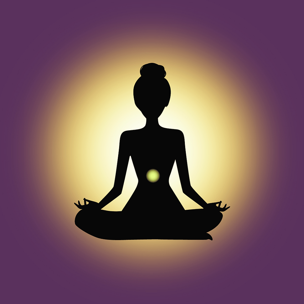 silhouette with a bright yellow dot at the solar plexus meditating in front of yellow aura