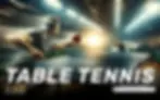 Two people playing table tennis and cheering fans