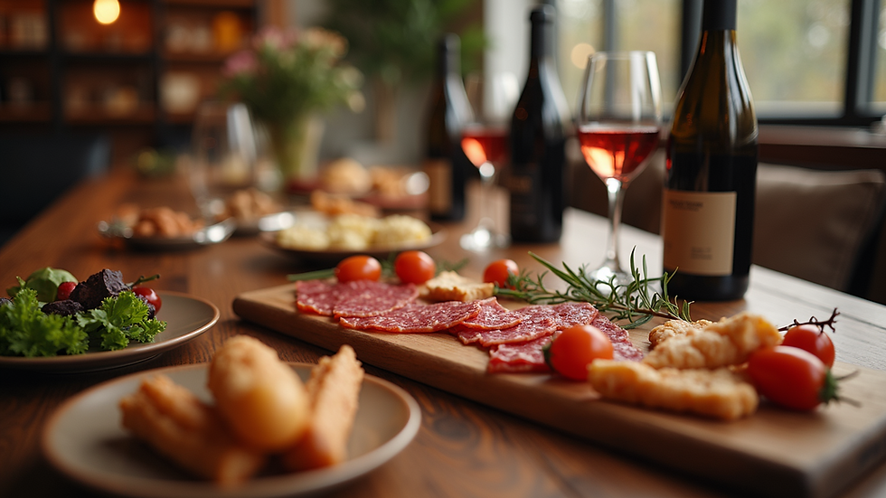 Eye-level view of a tasting table filled with charcuterie and wine