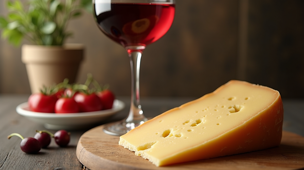 Close-up view of a glass of wine and a piece of brie