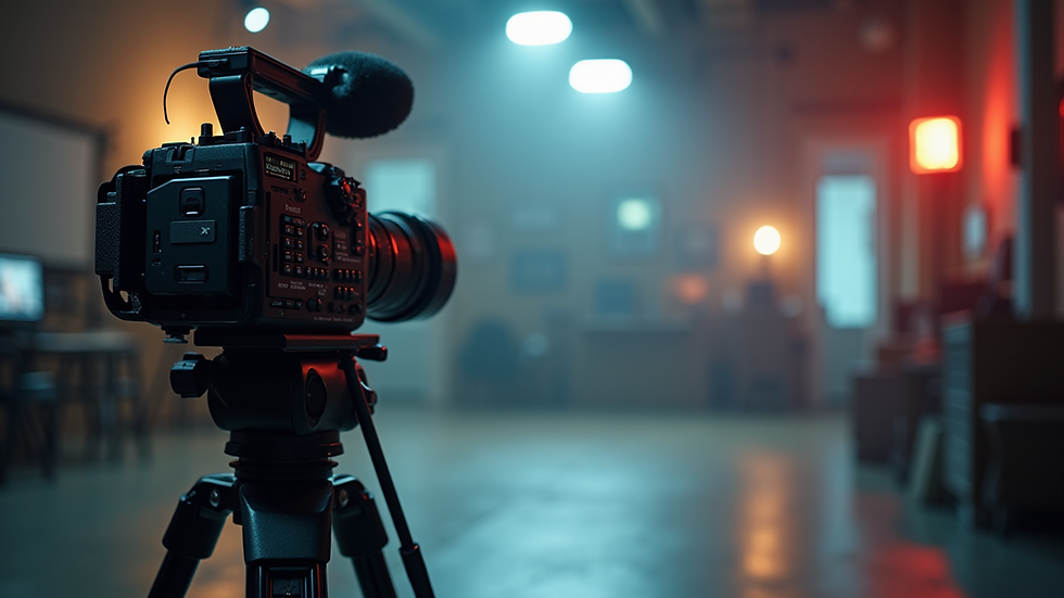 Eye-level view of a professional video camera on a tripod in a studio