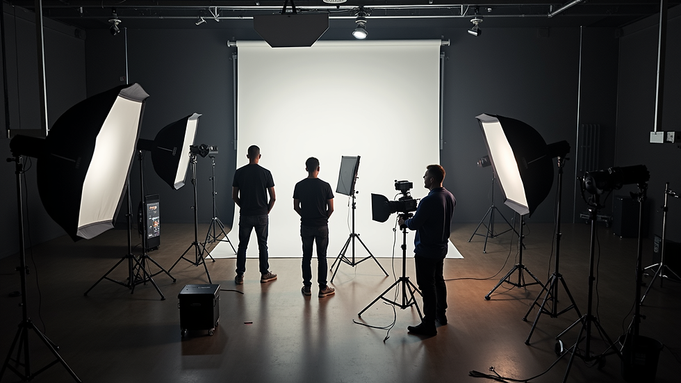 Eye-level view of a professional video camera on a tripod set up in a studio