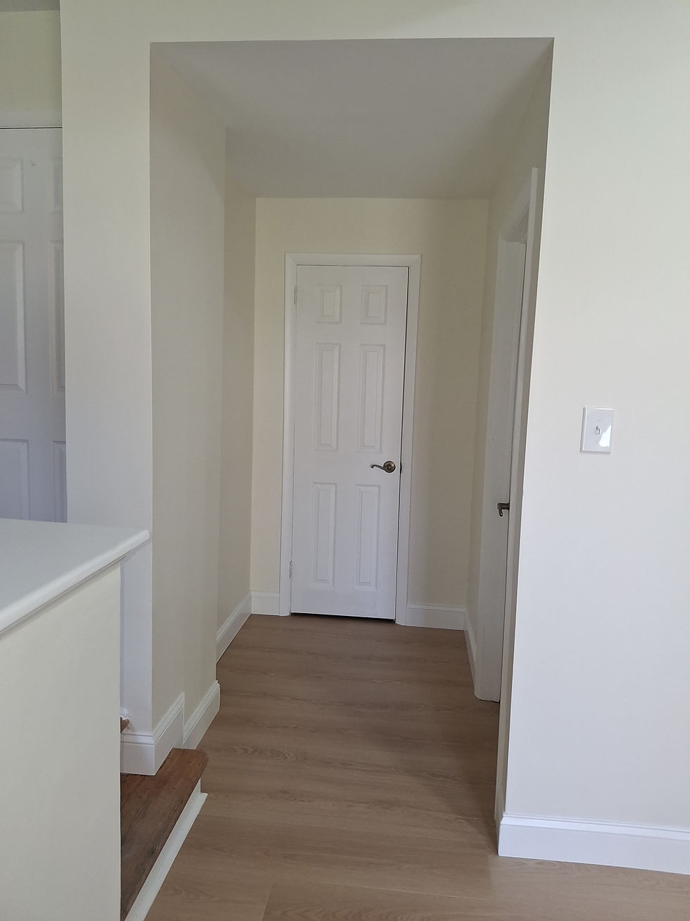 A light-colored hallway with a hardwood floor and white detailing.