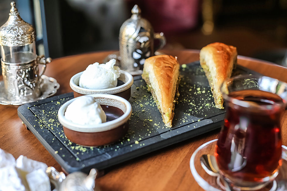 Turkish desserts and tea at the pastry shop in Istanbul, Turkey.