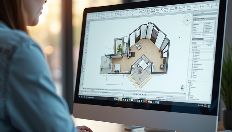 Eye-level view of a detailed interior design floor plan displayed on a computer screen