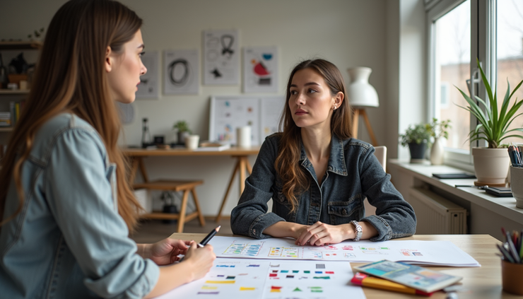 Eye-level view of a modern interior design studio with sketches and color samples on the table