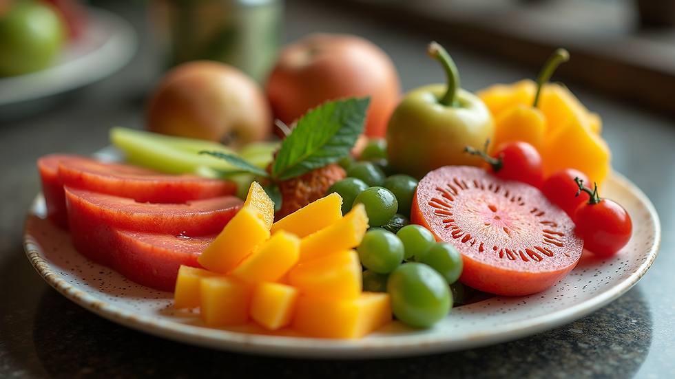 Close-up view of a colorful plate filled with fresh fruits and vegetables