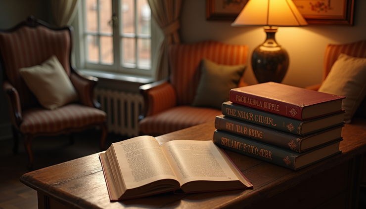 High angle view of a cozy reading nook with romance novels stacked on a small table