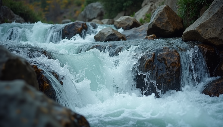 Close-up view of a rocky waterfall with turbulent water flowing down